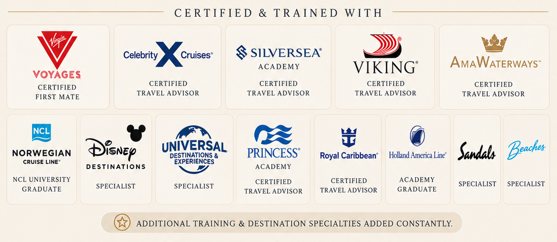 Certified and trained with Virgin Voyages, Celebrity Cruises, Silversea Academy, Viking, AmaWaterways, Norwegian Cruise Line, Disney Destinations, Universal Destinations and Experiences, Princess Academy, Royal Caribbean, Holland America Line, Sandals and Beaches.